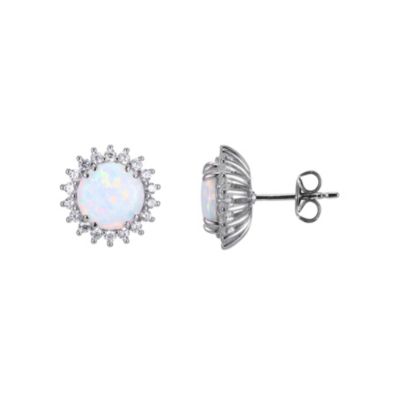 Aurealis Lab Created Round Created Opal Halo Earrings in Rhodium-plated Sterling Silver