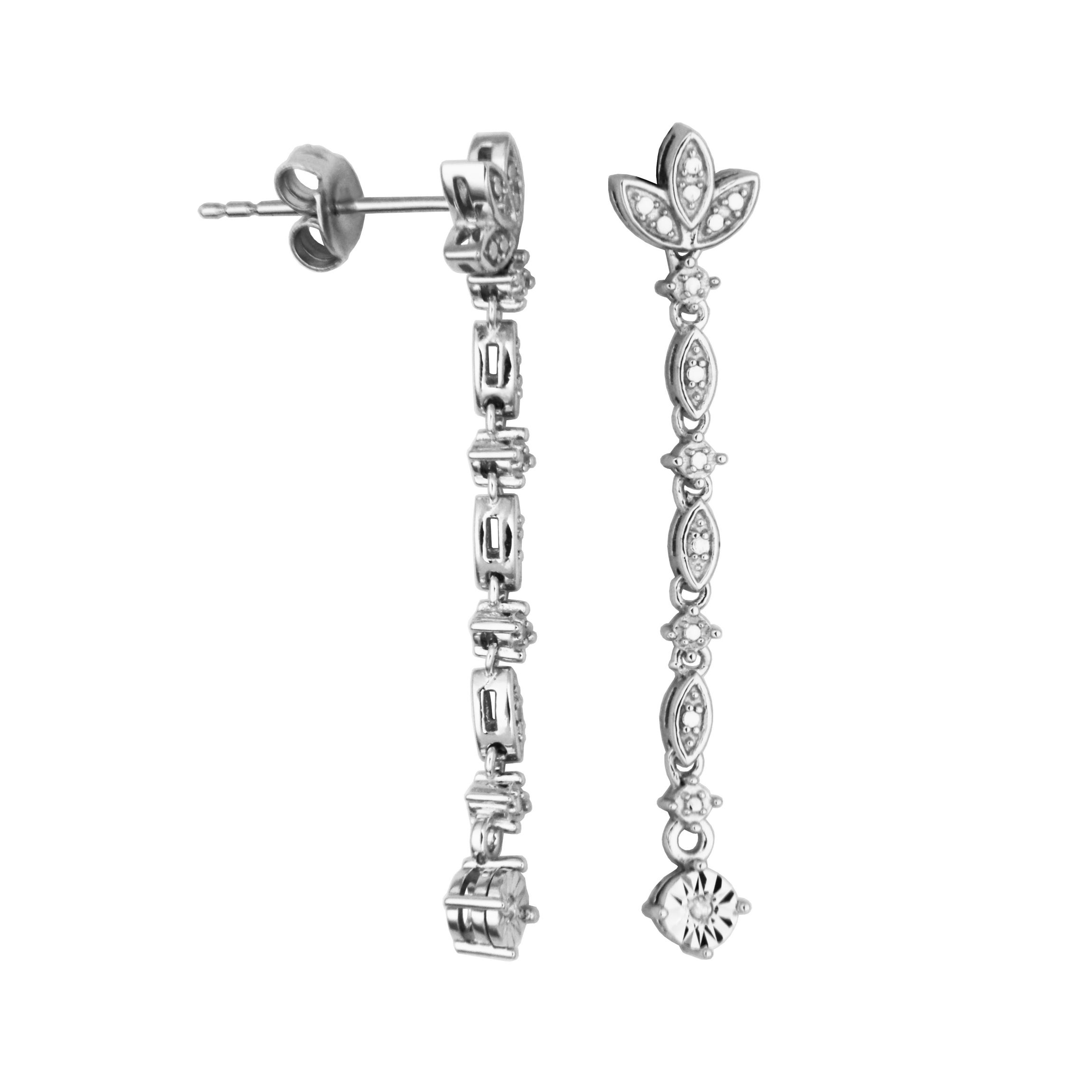 Diamond Accent Floral Marquise Drop Earrings in Rhodium Plated Sterling Silver
