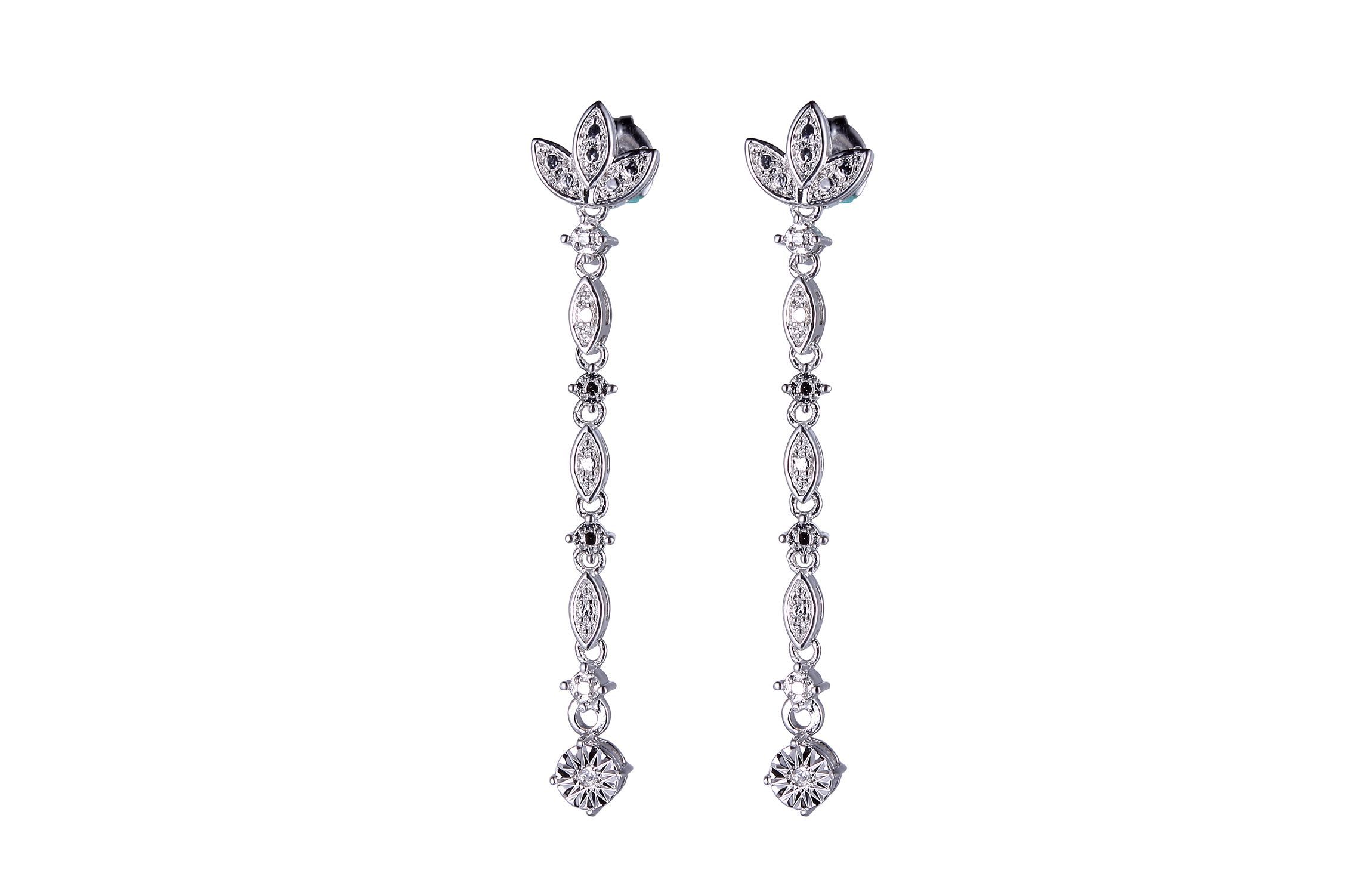 Diamond Accent Floral Marquise Drop Earrings in Rhodium Plated Sterling Silver