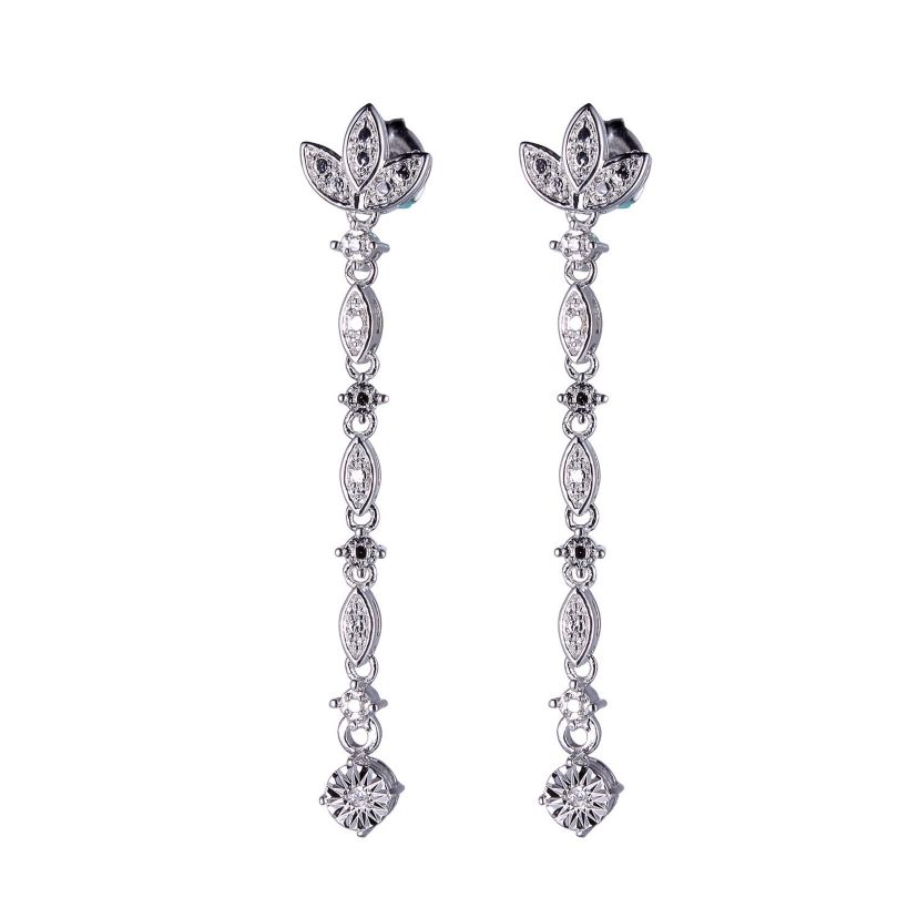 Diamond Accent Floral Marquise Drop Earrings in Rhodium Plated Sterling Silver