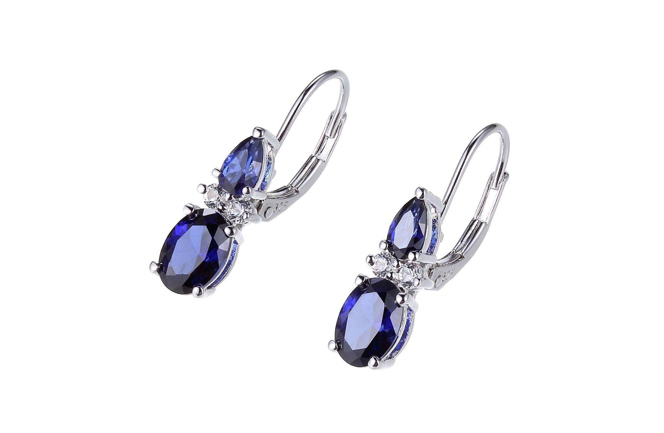 Blue Synthetic Spinel Leverback Earrings in Rhodium Plated Sterling Silver