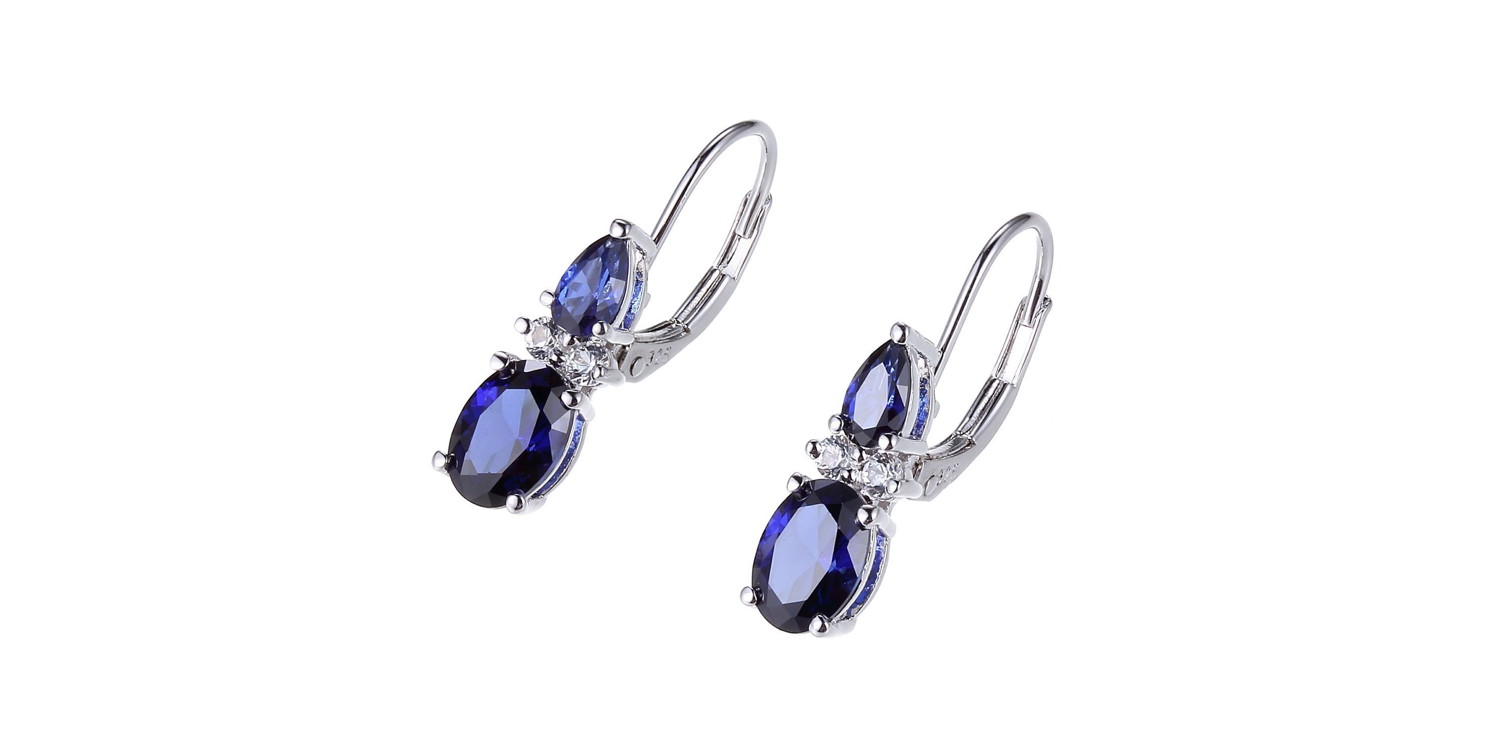 Blue Synthetic Spinel Leverback Earrings in Rhodium Plated Sterling Silver