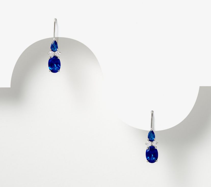 Blue Synthetic Spinel Leverback Earrings in Rhodium Plated Sterling Silver