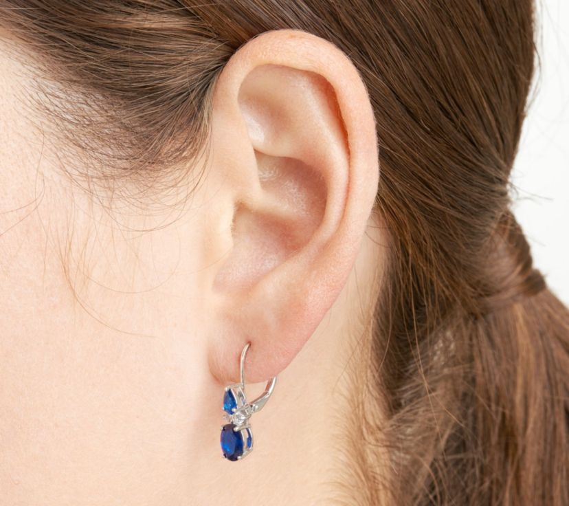 Blue Synthetic Spinel Leverback Earrings in Rhodium Plated Sterling Silver