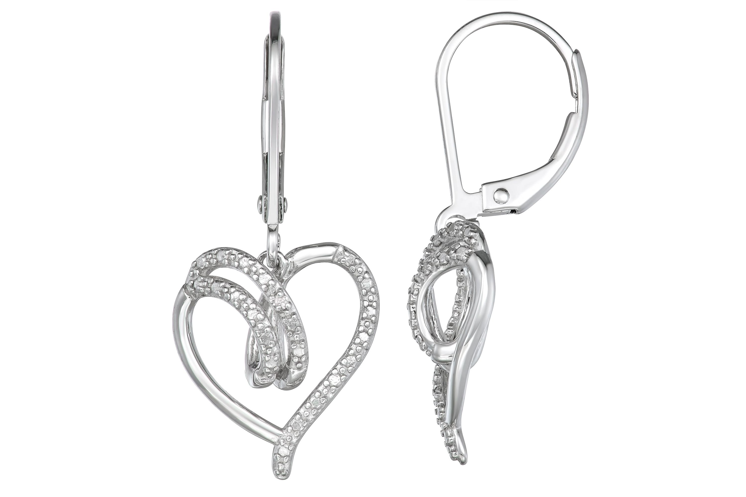 Diamond Accent Open Heart Swirl Leverback Earrings in Rhodium Plated Sterling Silver