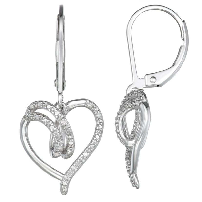 Diamond Accent Open Heart Swirl Leverback Earrings in Rhodium Plated Sterling Silver