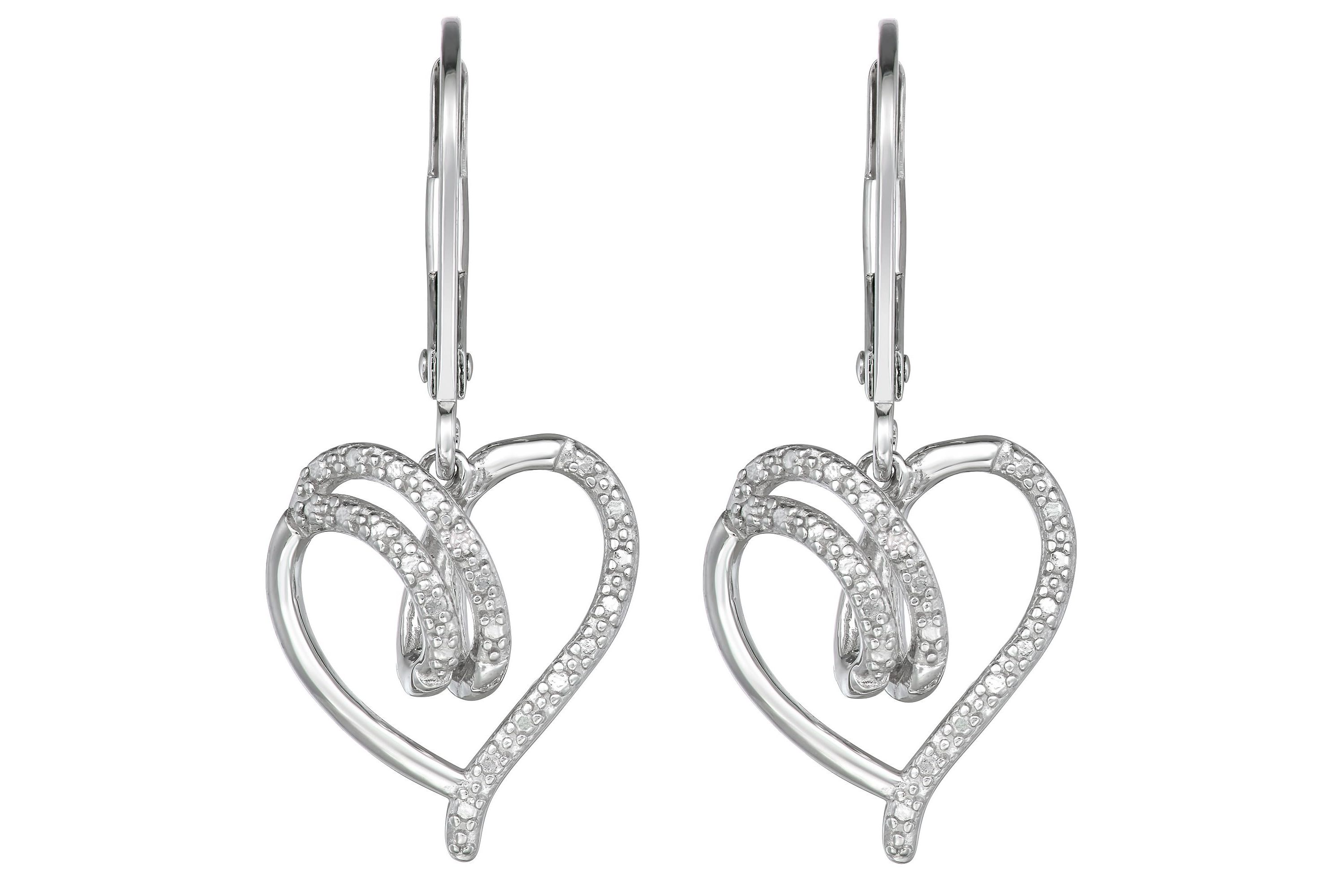 Diamond Accent Open Heart Swirl Leverback Earrings in Rhodium Plated Sterling Silver