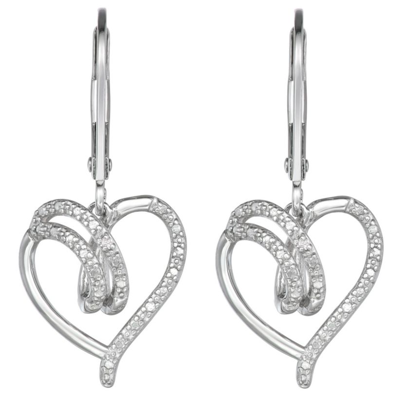 Diamond Accent Open Heart Swirl Leverback Earrings in Rhodium Plated Sterling Silver