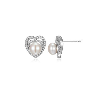 Aurealis White Pearl And CZ Heart Earrings In Rhodium Plated Sterling Silver