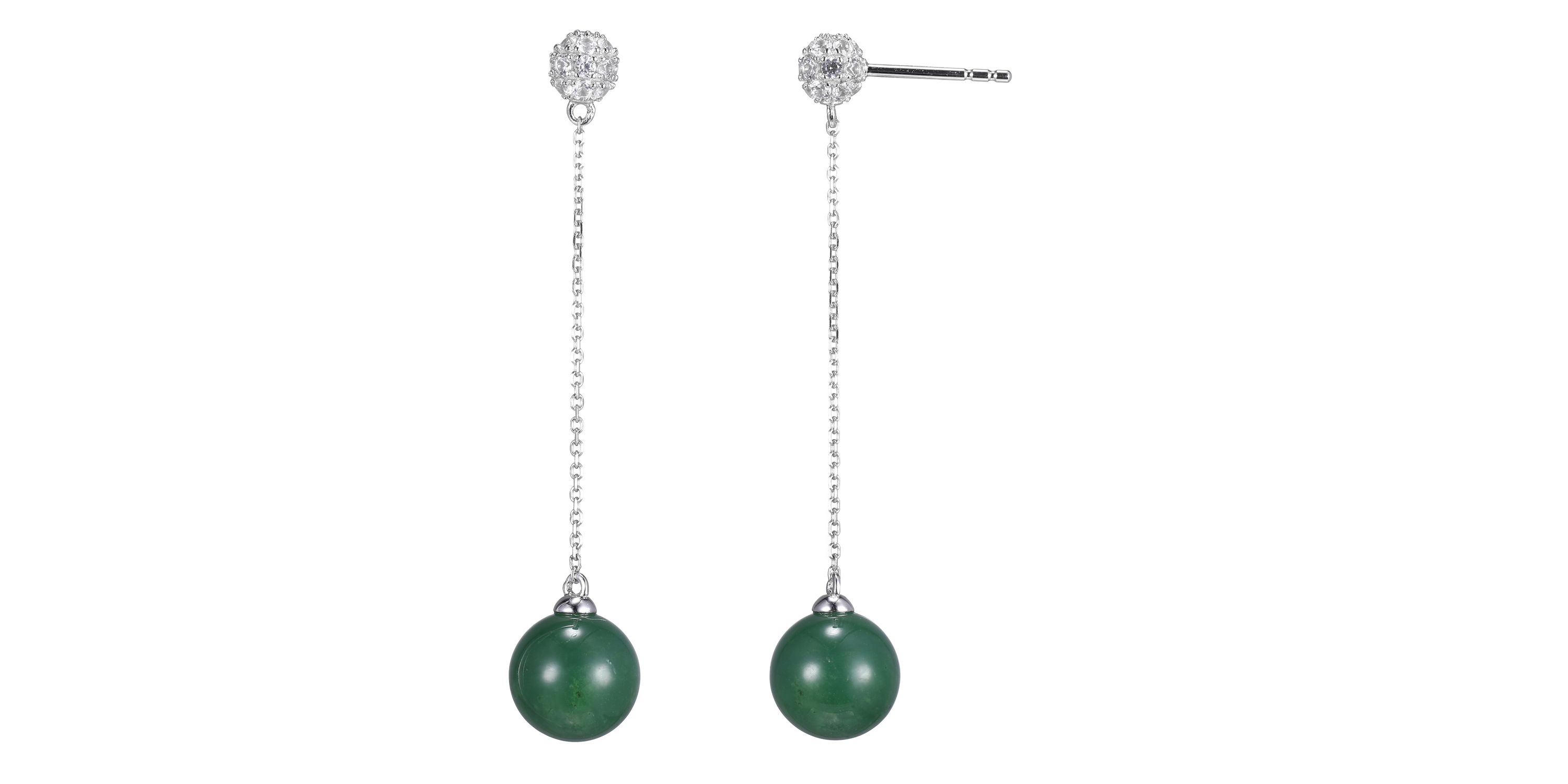 Genuine Nephrite Jade Bead Drop Earrings With Created White Sapphire In Rhodium Plated Sterling Silver