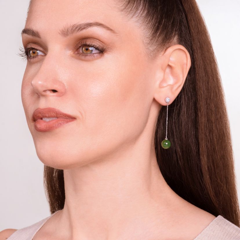 Genuine Nephrite Jade Bead Drop Earrings With Created White Sapphire In Rhodium Plated Sterling Silver