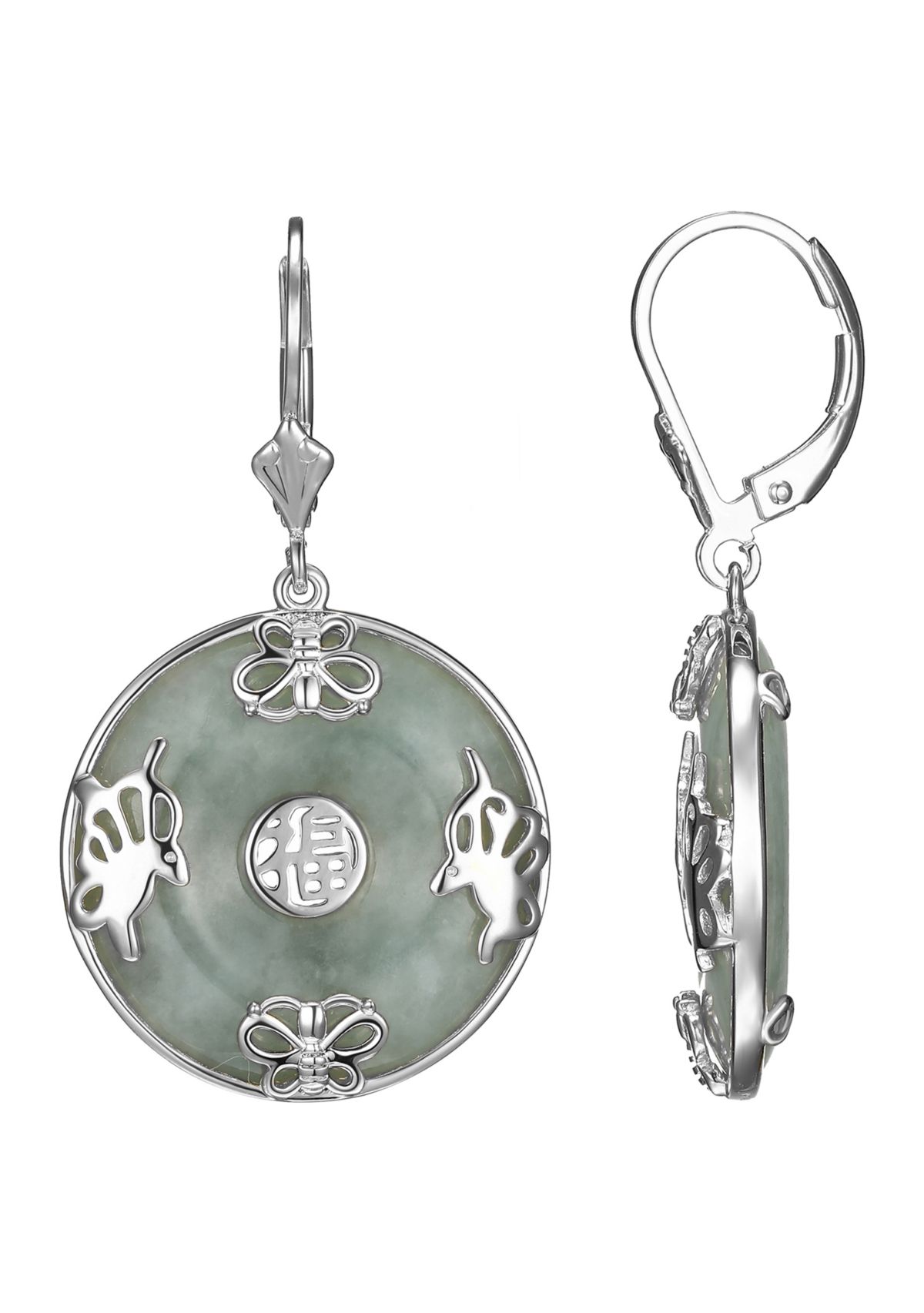 Rhodium Plated Sterling Silver Jade "Good Luck" Disc Lever Back Drop Earring