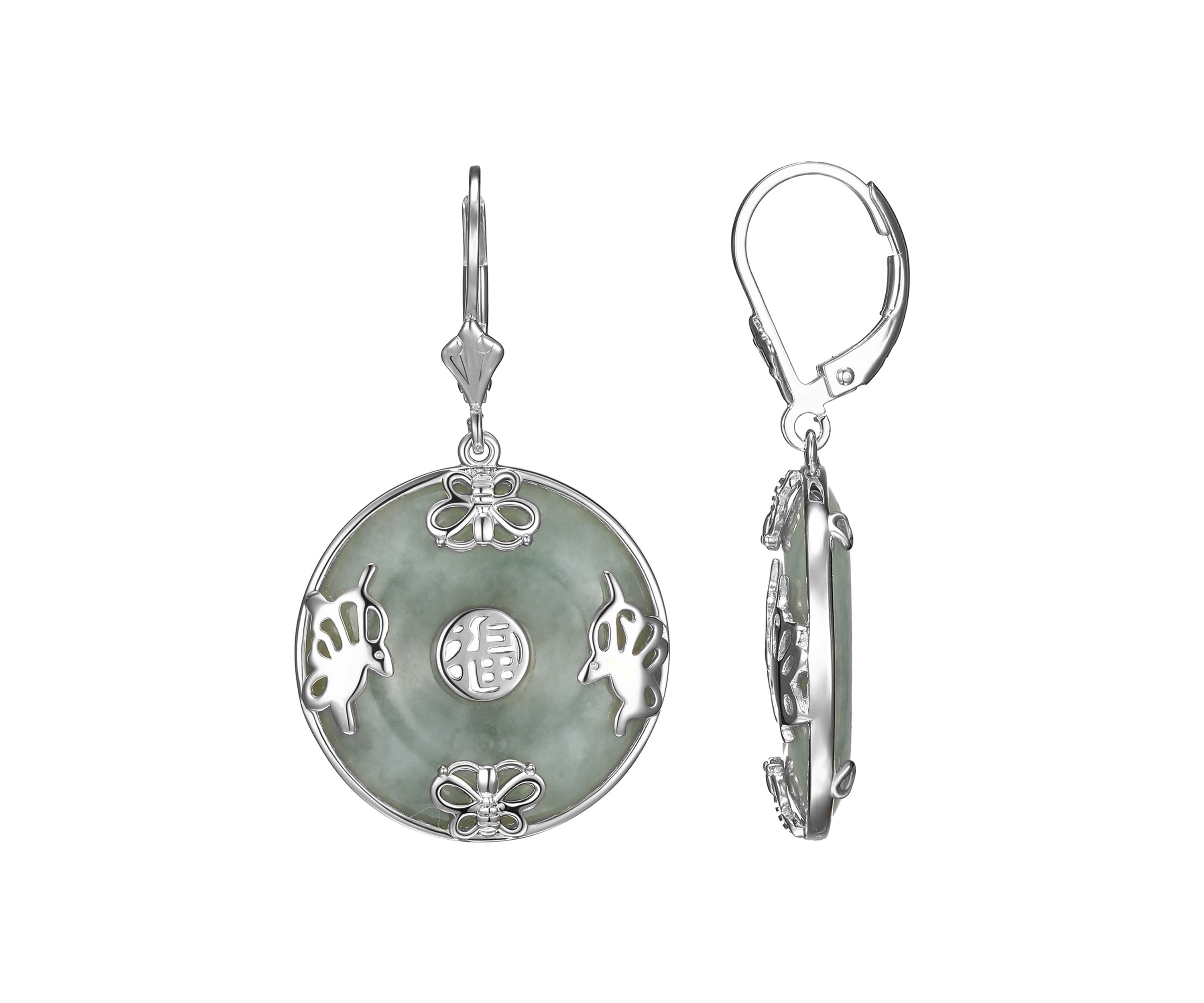Rhodium Plated Sterling Silver Jade "Good Luck" Disc Lever Back Drop Earring