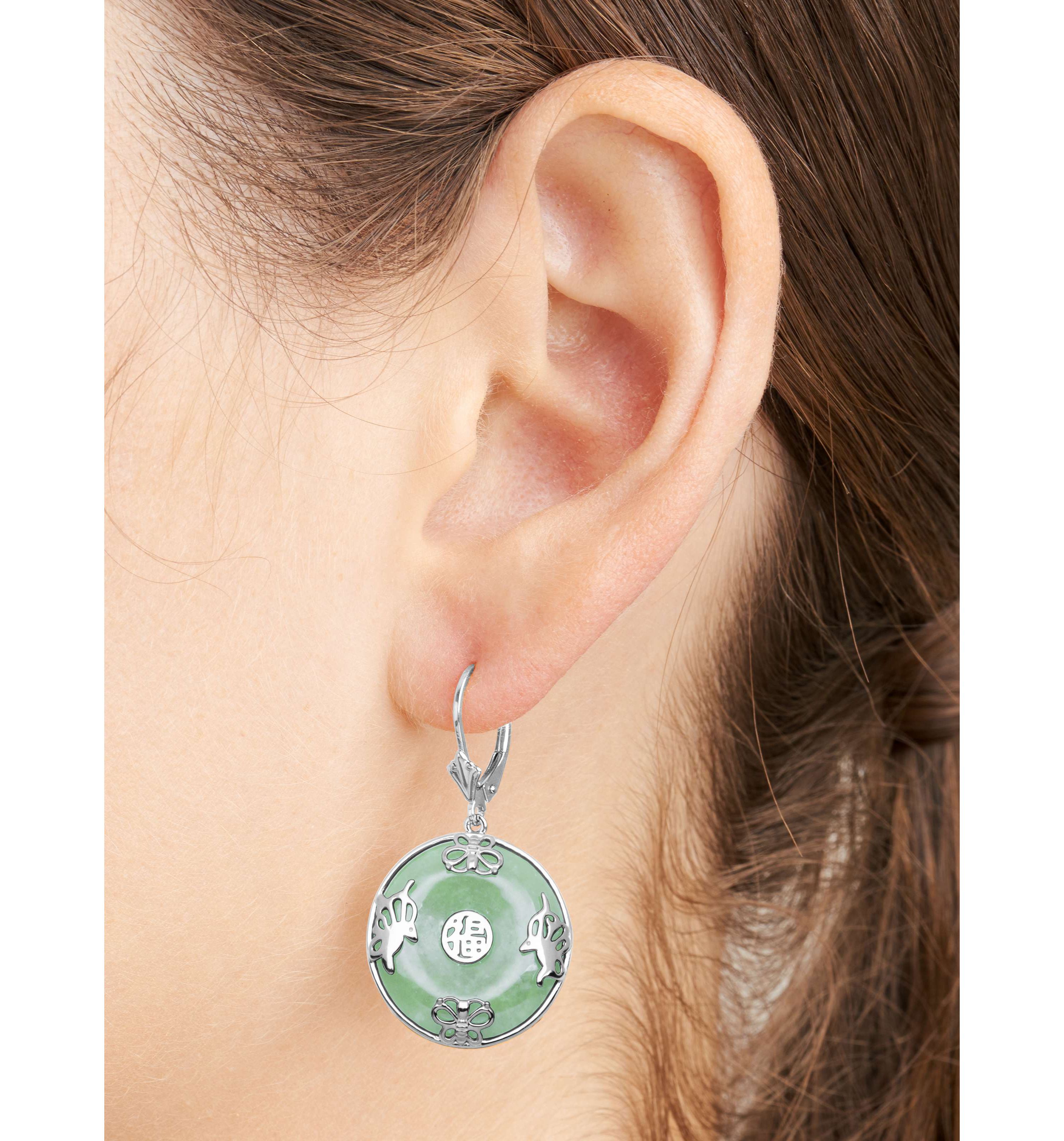 Rhodium Plated Sterling Silver Jade "Good Luck" Disc Lever Back Drop Earring