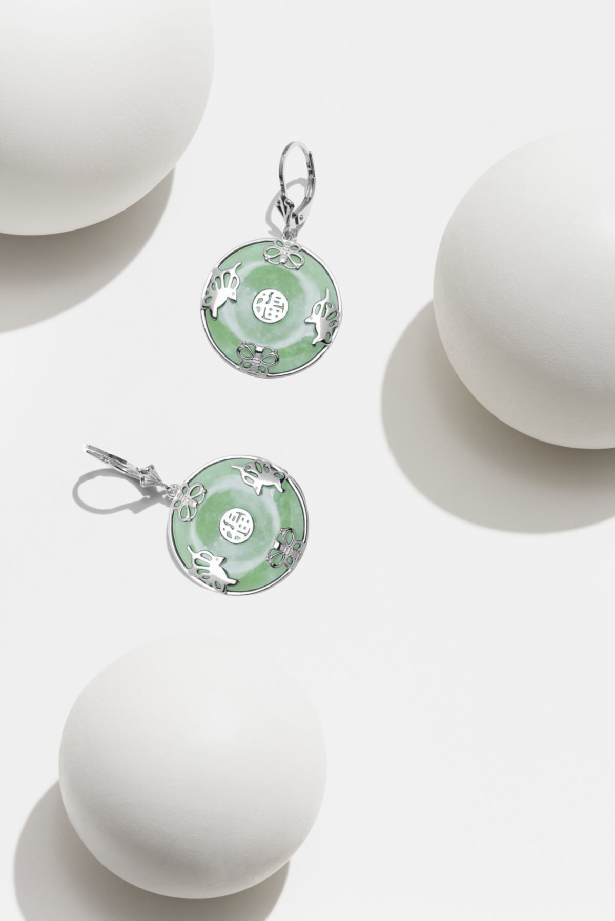 Rhodium Plated Sterling Silver Jade "Good Luck" Disc Lever Back Drop Earring