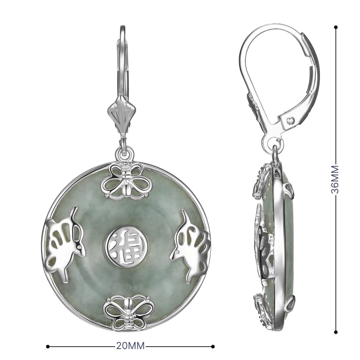 Rhodium Plated Sterling Silver Jade "Good Luck" Disc Lever Back Drop Earring