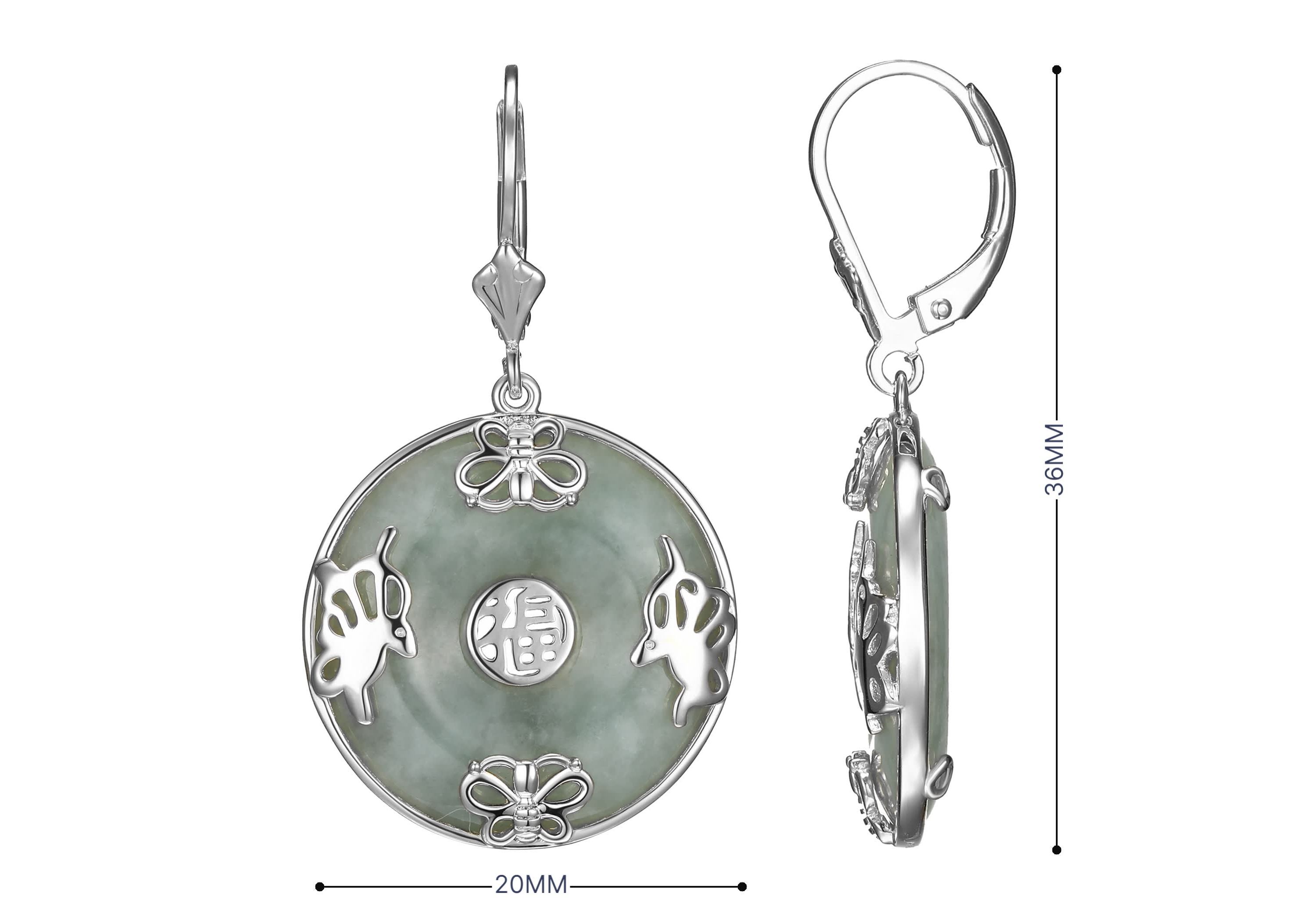 Rhodium Plated Sterling Silver Jade "Good Luck" Disc Lever Back Drop Earring