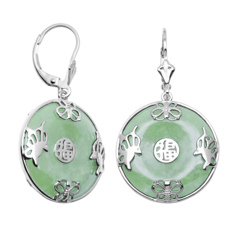 Rhodium Plated Sterling Silver Jade "Good Luck" Disc Lever Back Drop Earring