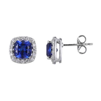 Aurealis Lab Created Created Blue Sapphire Cushion Earrings in Rhodium-plated Sterling Silver
