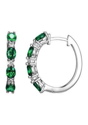LuxLab Lab Created Lab Grown Diamond and Created Ruby, Emerald or Sapphire Rhodium Plated Sterling Silver Hoop Earrings