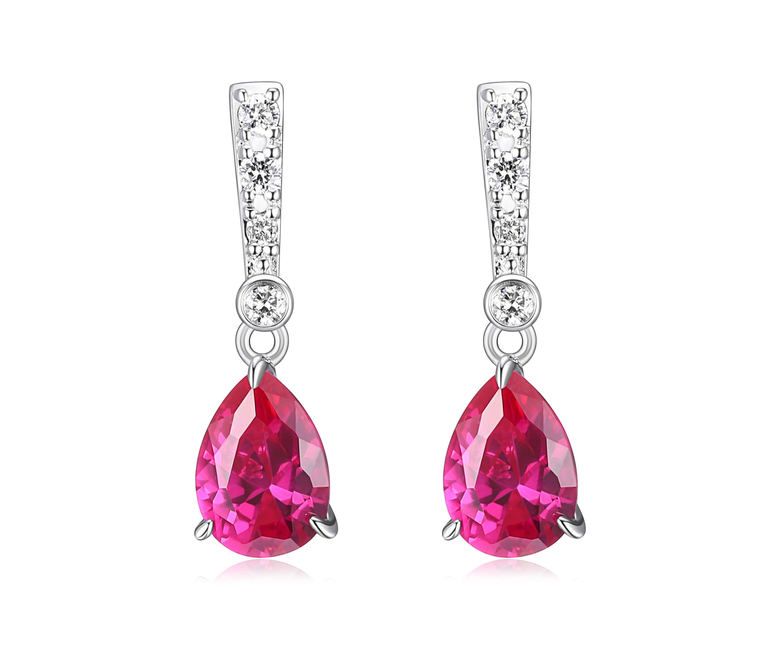 Lab Created Diamond and Ruby Pear Drop Stud Earrings in Rhodium Plated Sterling Silver