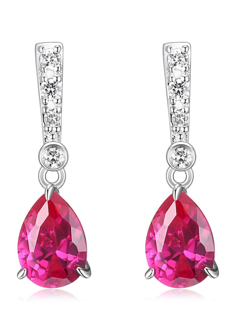 Lab Created Diamond and Ruby Pear Drop Stud Earrings in Rhodium Plated Sterling Silver