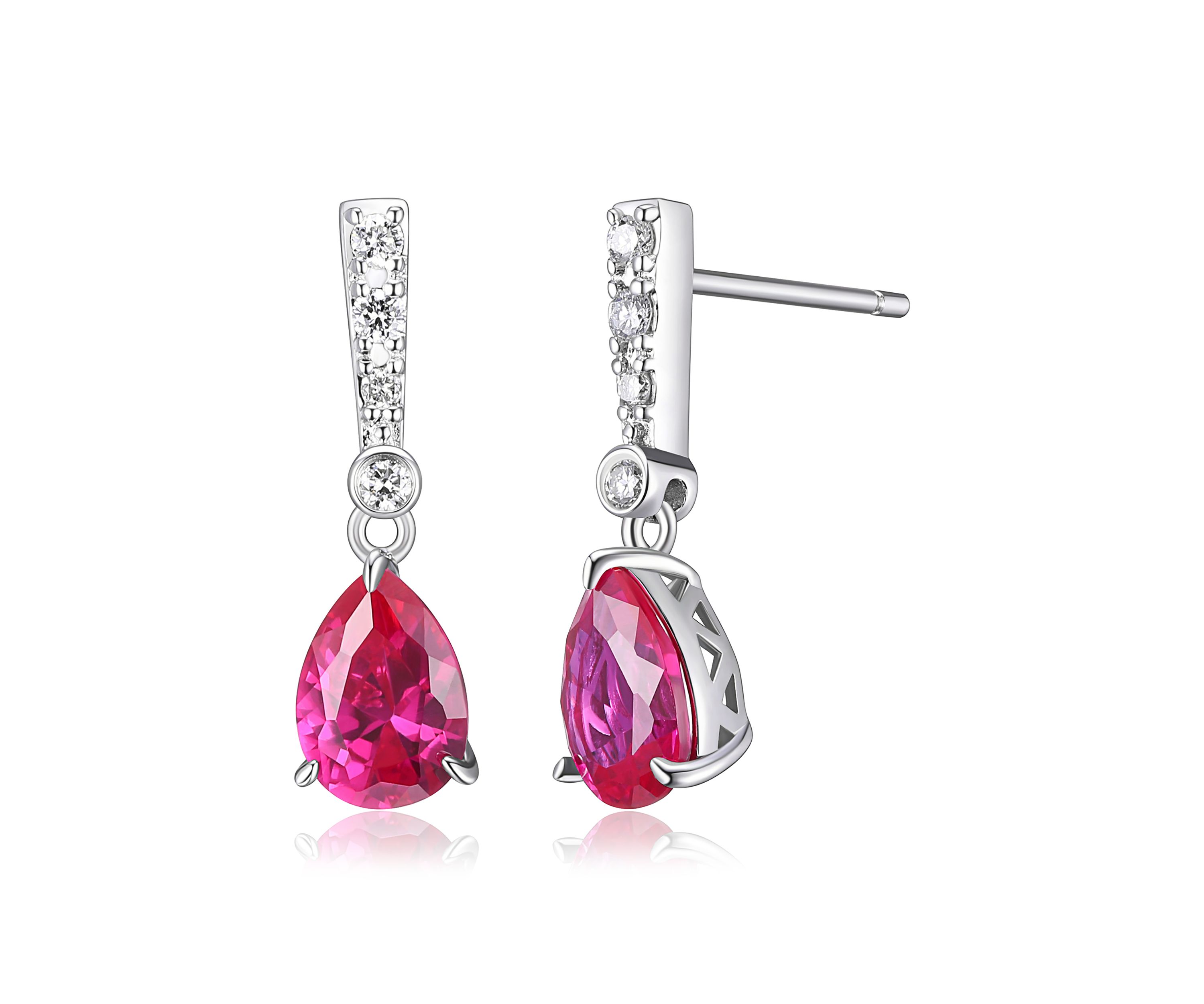 Lab Created Diamond and Ruby Pear Drop Stud Earrings in Rhodium Plated Sterling Silver