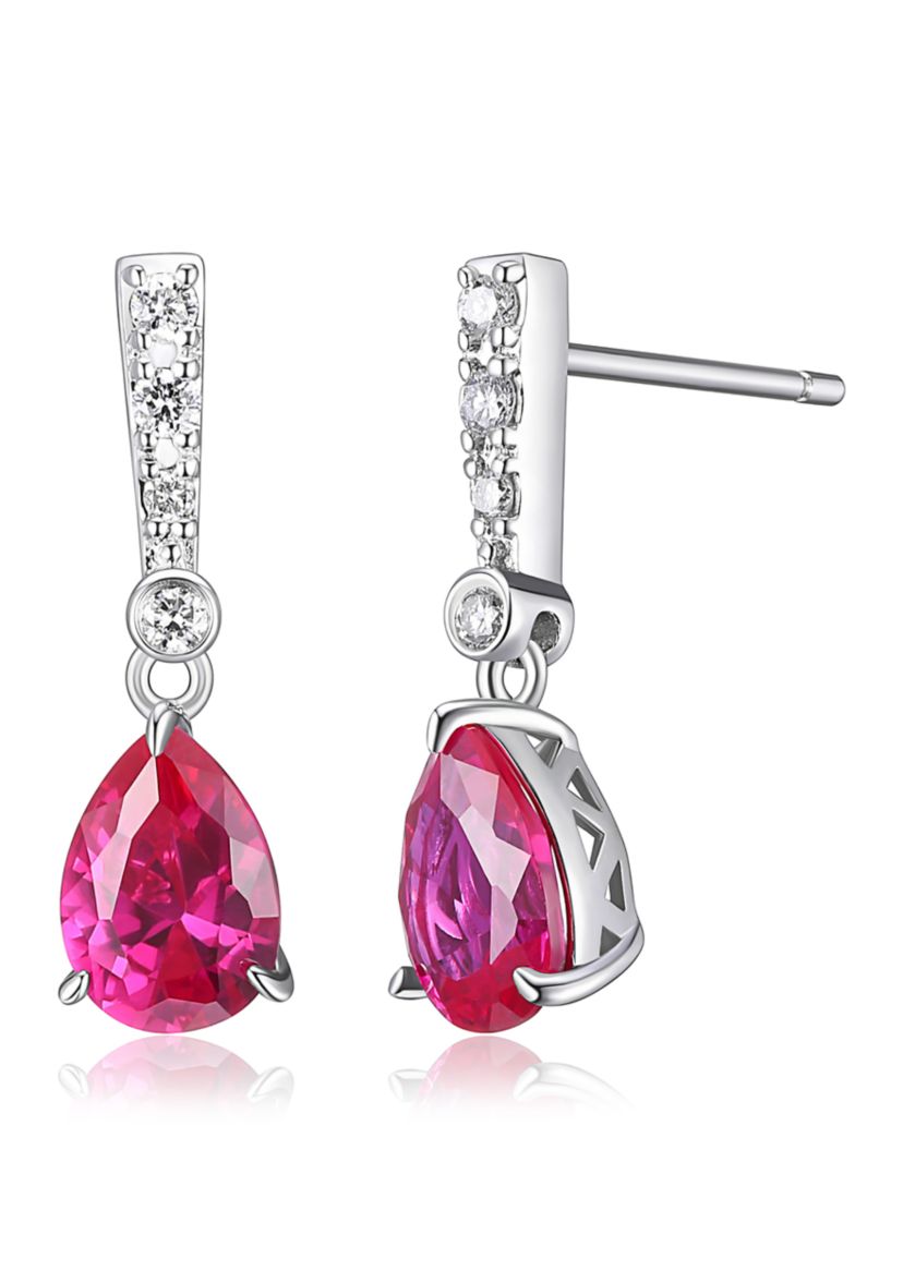 Lab Created Diamond and Ruby Pear Drop Stud Earrings in Rhodium Plated Sterling Silver