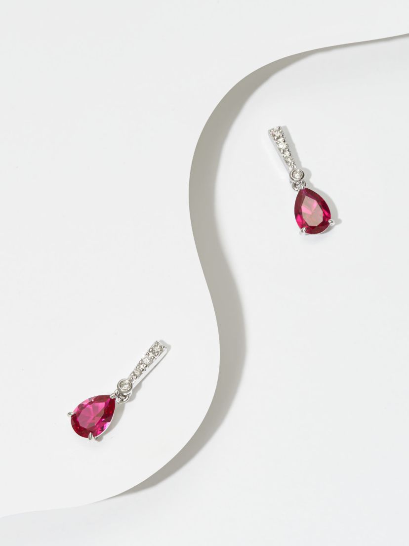 Lab Created Diamond and Ruby Pear Drop Stud Earrings in Rhodium Plated Sterling Silver