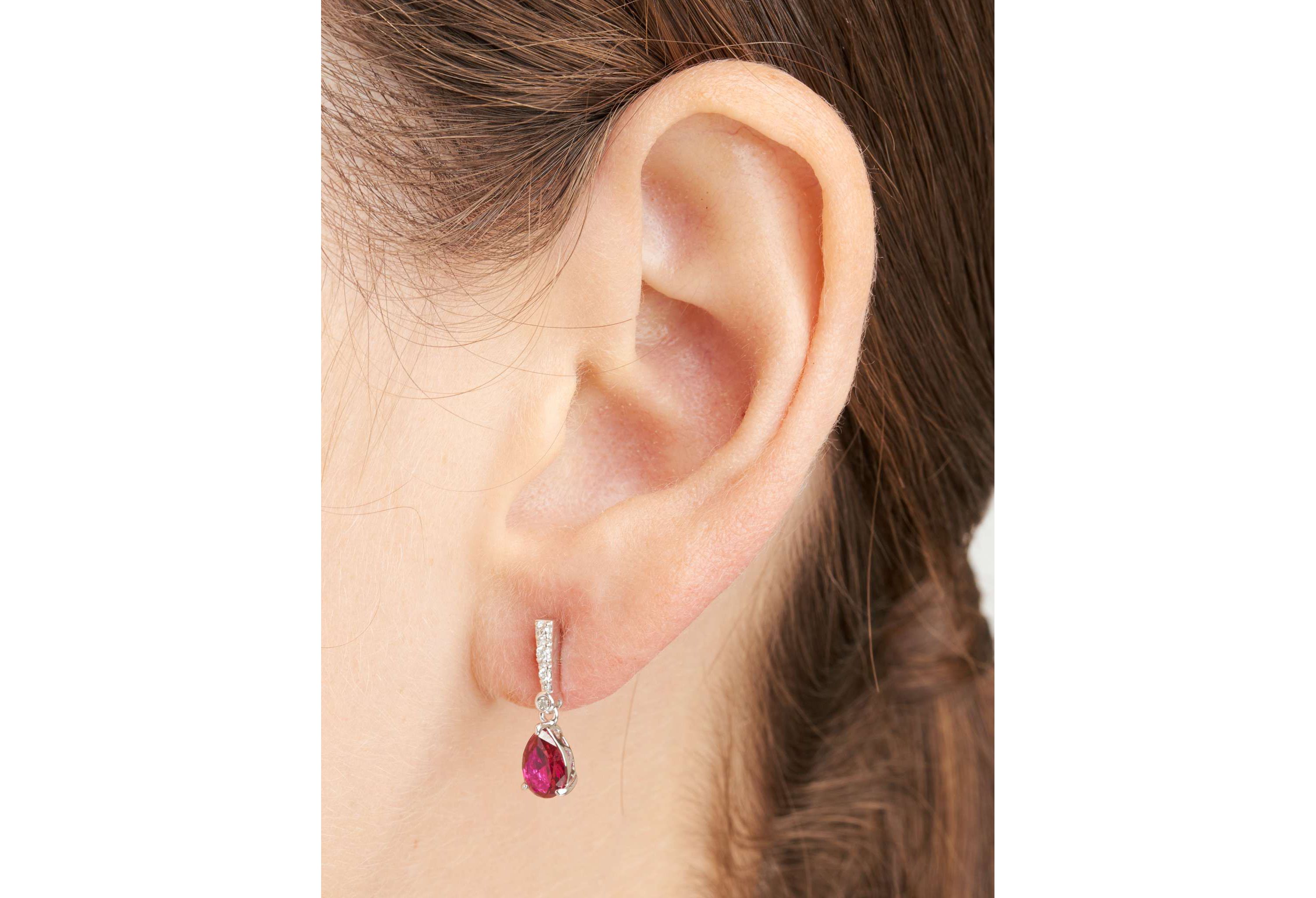 Lab Created Diamond and Ruby Pear Drop Stud Earrings in Rhodium Plated Sterling Silver