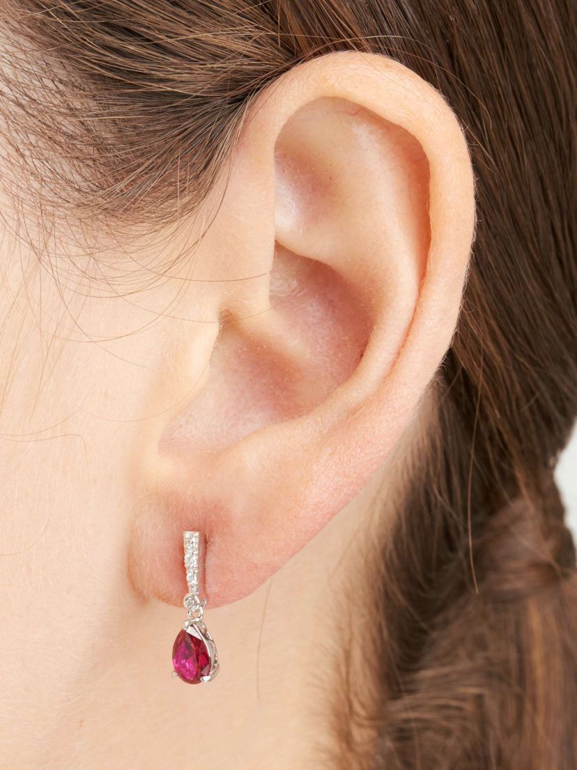 Lab Created Diamond and Ruby Pear Drop Stud Earrings in Rhodium Plated Sterling Silver