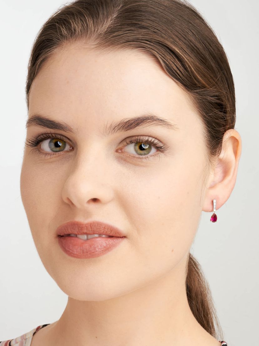 Lab Created Diamond and Ruby Pear Drop Stud Earrings in Rhodium Plated Sterling Silver
