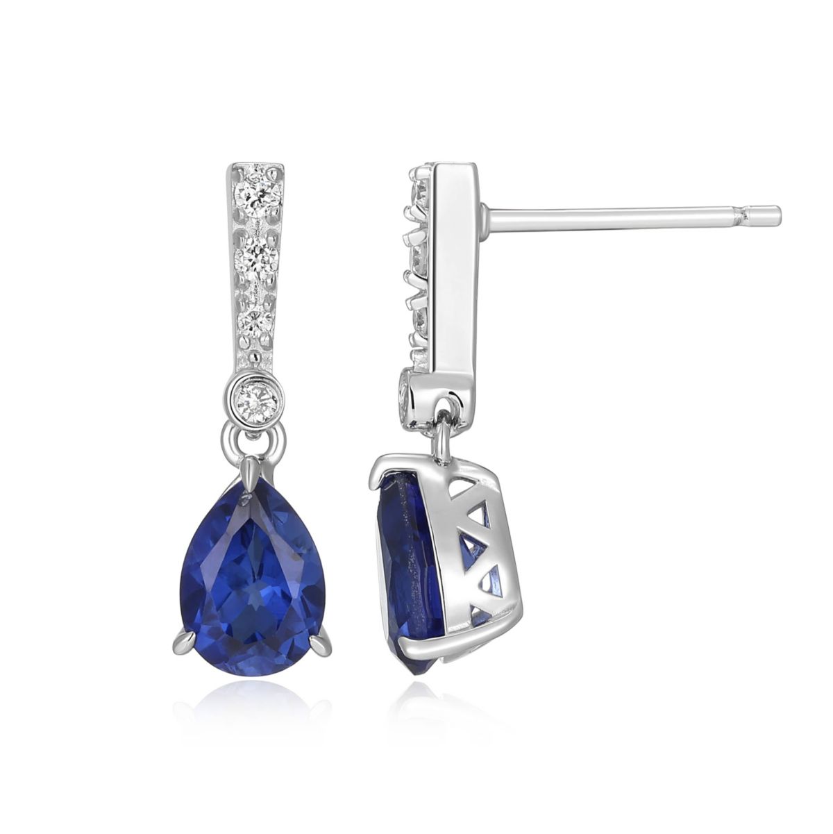 Lab Created Rhodium Plated Sterling Silver Created Sapphire and Lab Grown Diamond Drop Earrings