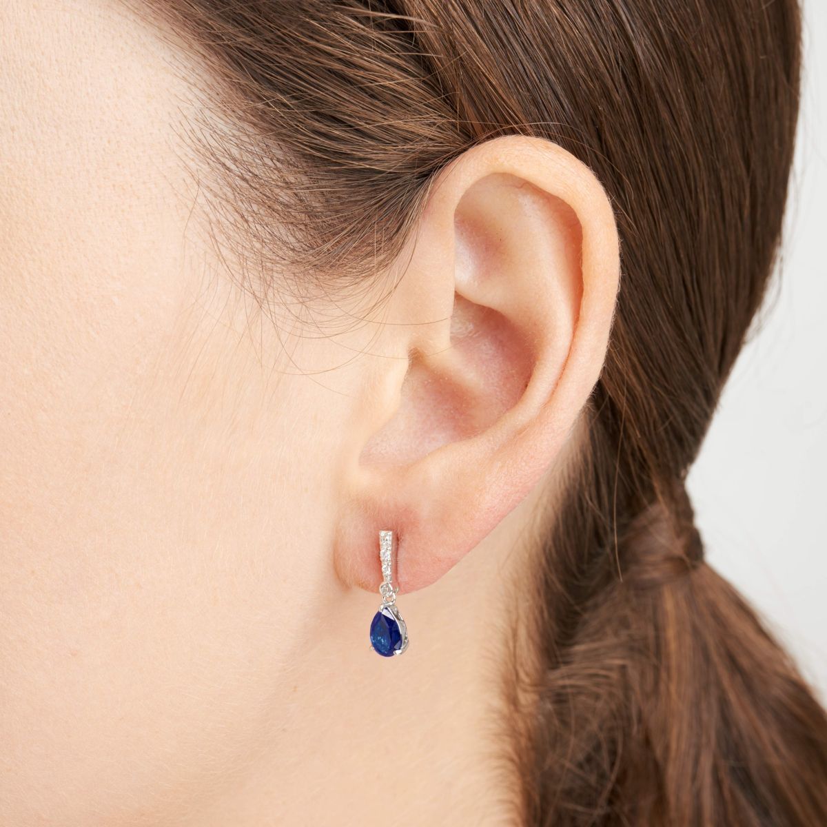 Lab Created Rhodium Plated Sterling Silver Created Sapphire and Lab Grown Diamond Drop Earrings