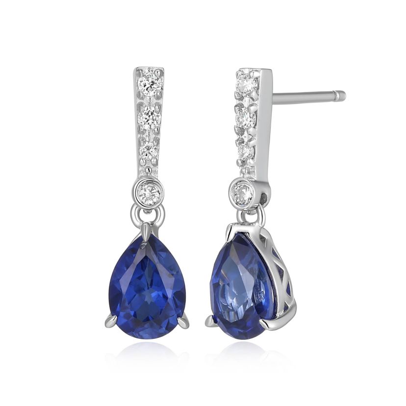 Lab Created Rhodium Plated Sterling Silver Created Sapphire and Lab Grown Diamond Drop Earrings