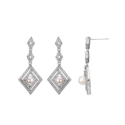 Aurealis White Sapphire with Pearl Drop Earrings in Rhodium Over Sterling Silver