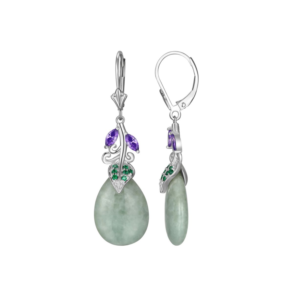 Genuine Jade with Purple Earrings in Rhodium Over Sterling Silver