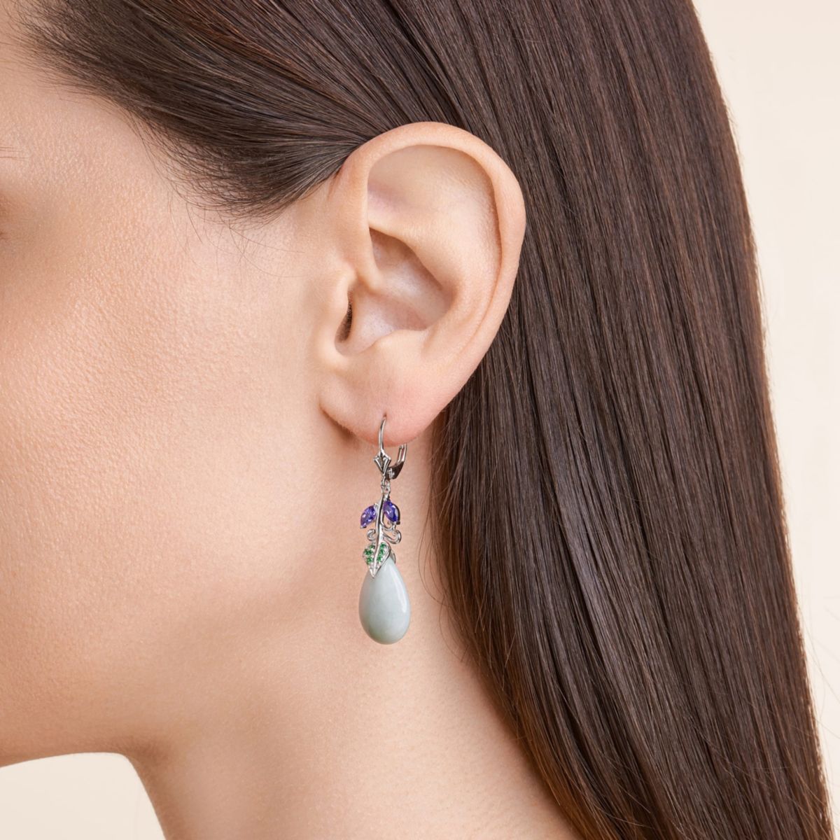 Genuine Jade with Purple Earrings in Rhodium Over Sterling Silver