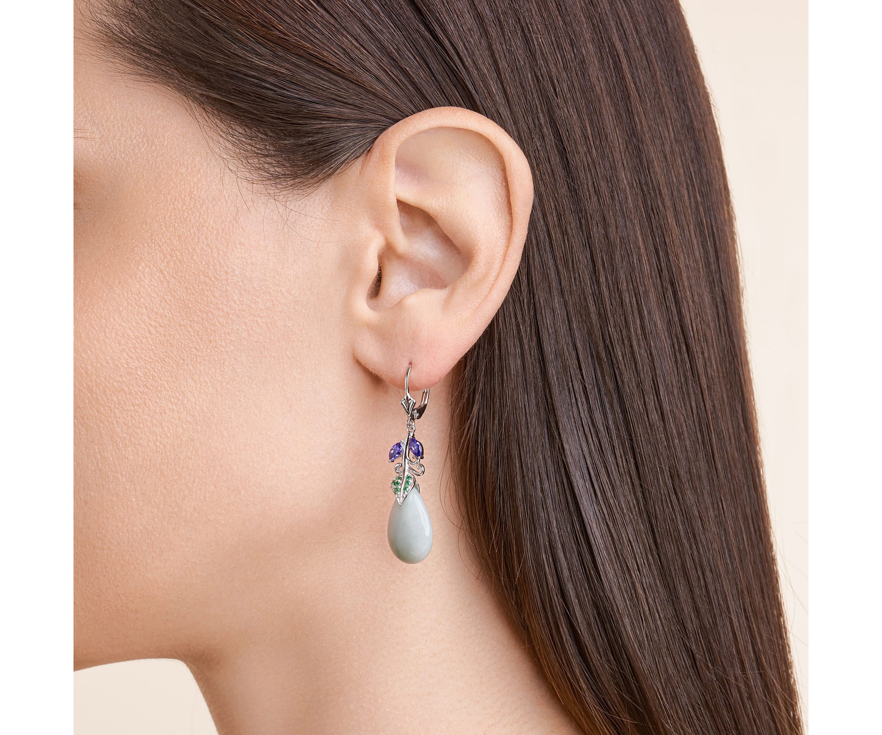 Genuine Jade with Purple Earrings in Rhodium Over Sterling Silver