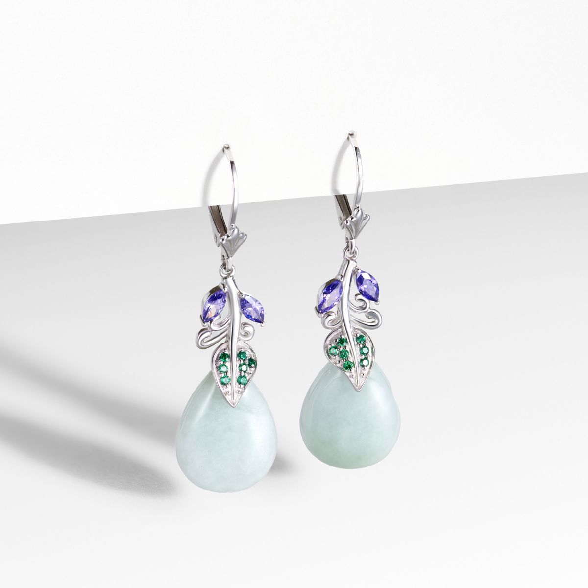 Genuine Jade with Purple Earrings in Rhodium Over Sterling Silver
