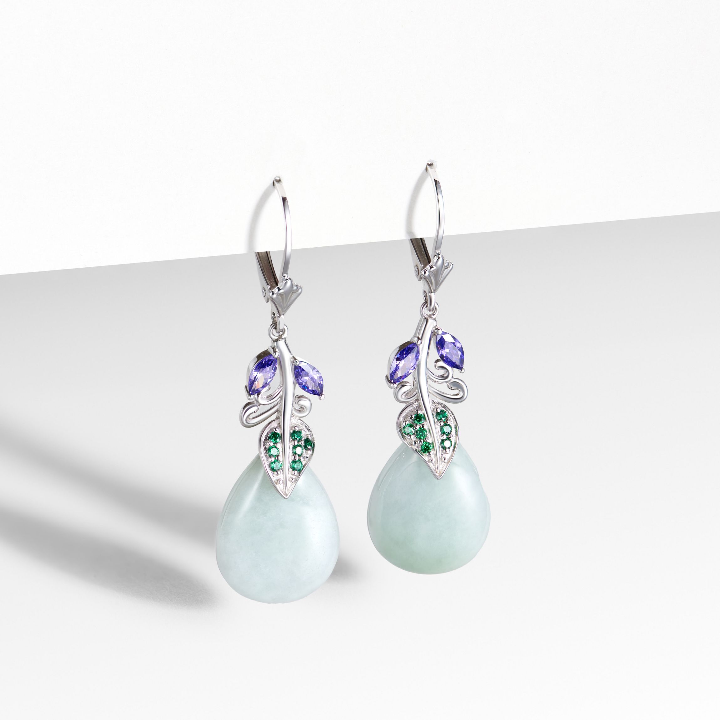 Genuine Jade with Purple Earrings in Rhodium Over Sterling Silver