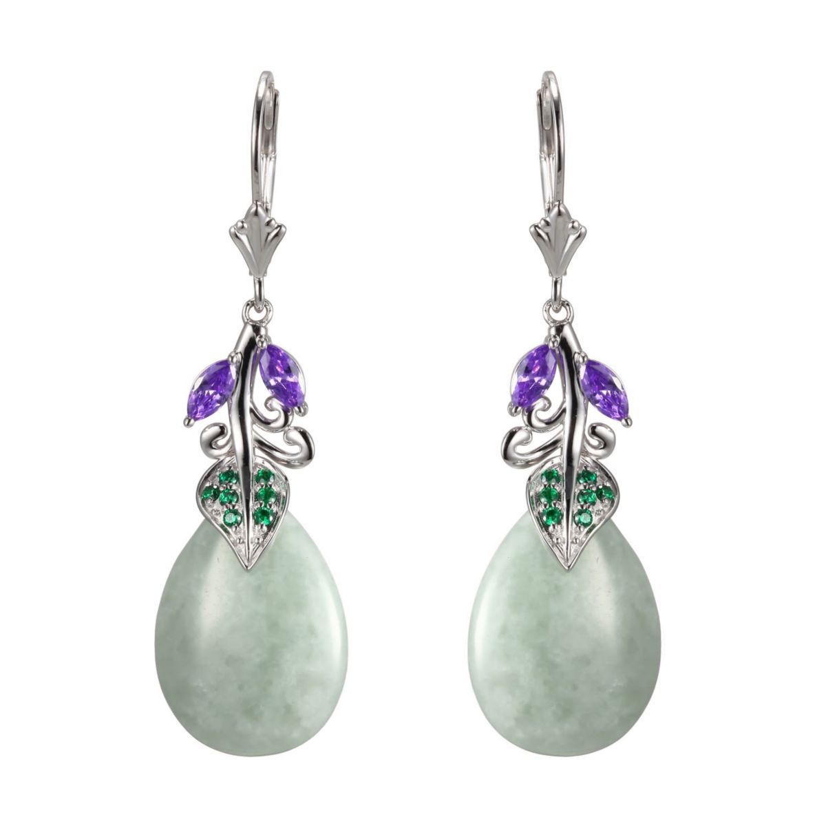 Genuine Jade with Purple Earrings in Rhodium Over Sterling Silver