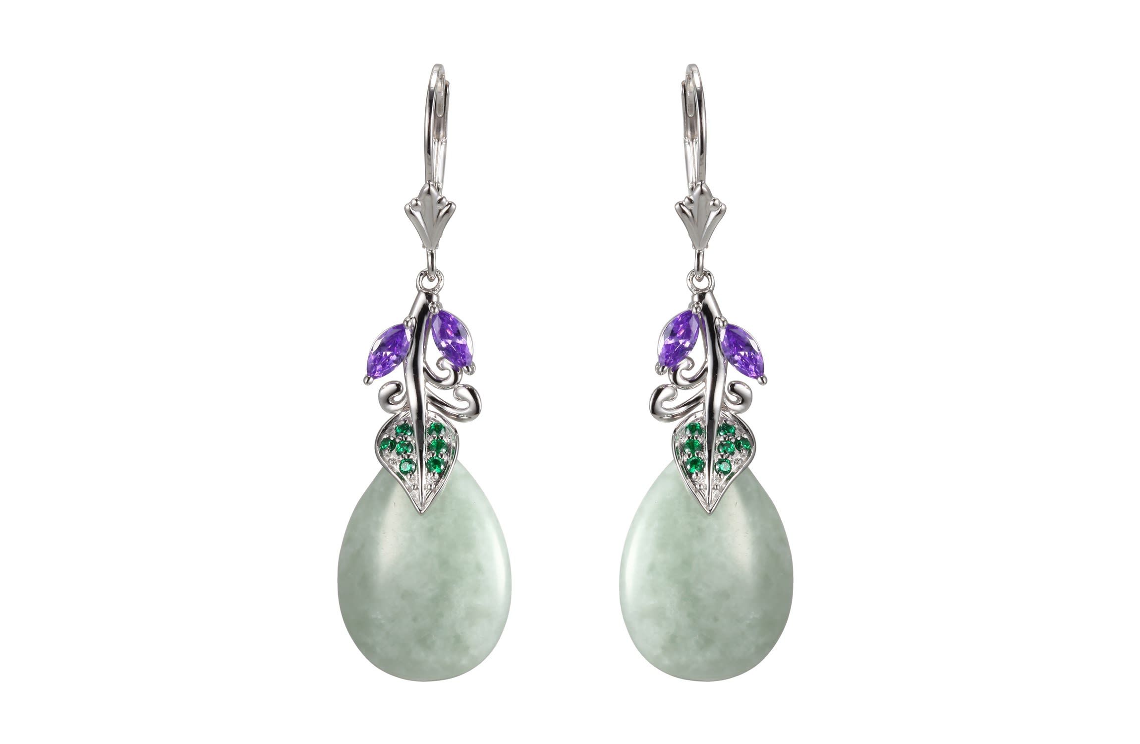Genuine Jade with Purple Earrings in Rhodium Over Sterling Silver