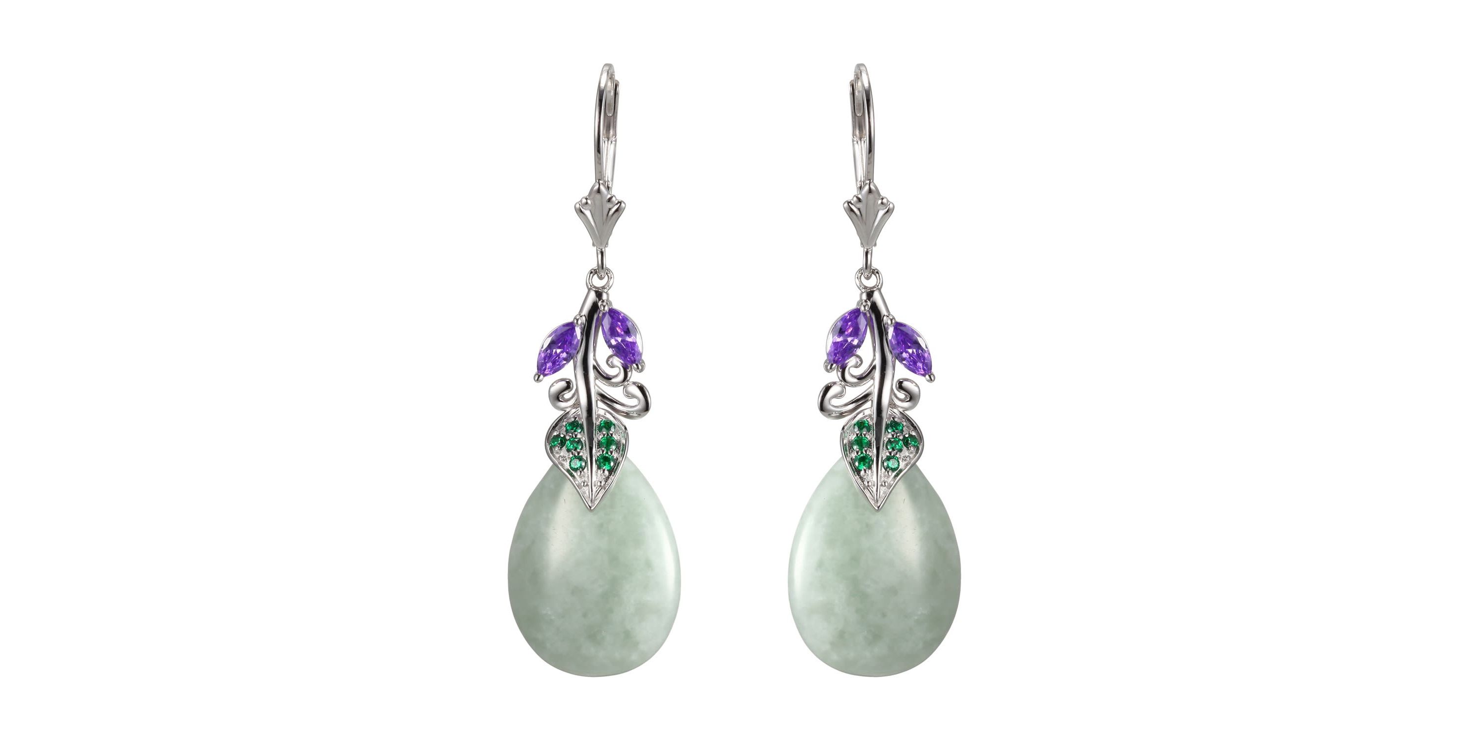 Genuine Jade with Purple Earrings in Rhodium Over Sterling Silver