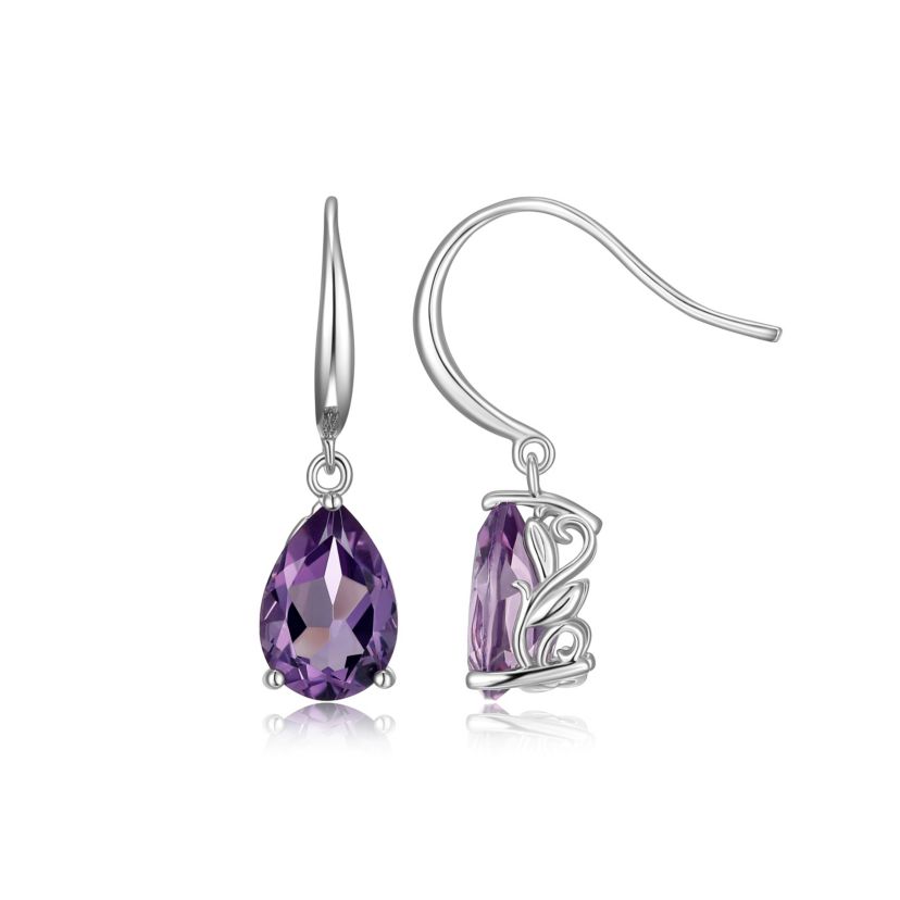 Rhodium Plated Sterling Silver Womens Genuine Amethyst Drop Earrings