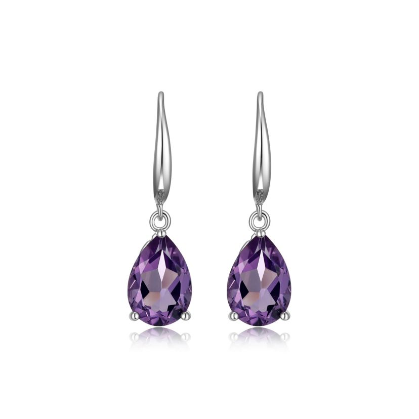 Rhodium Plated Sterling Silver Womens Genuine Amethyst Drop Earrings