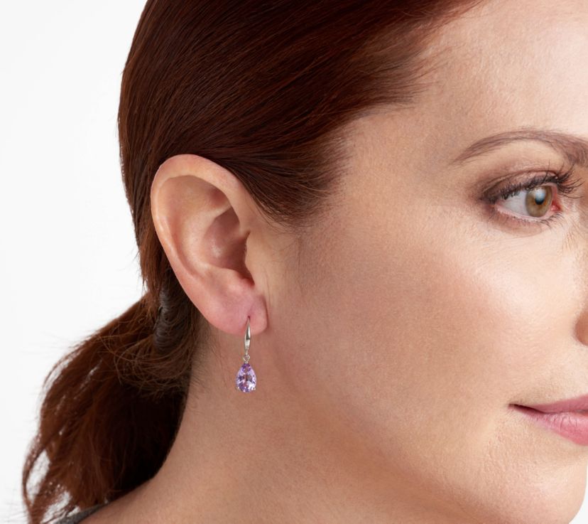 Rhodium Plated Sterling Silver Womens Genuine Amethyst Drop Earrings