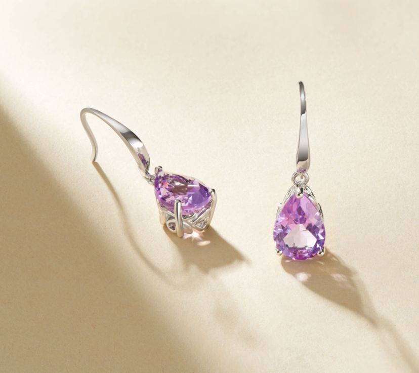 Rhodium Plated Sterling Silver Womens Genuine Amethyst Drop Earrings