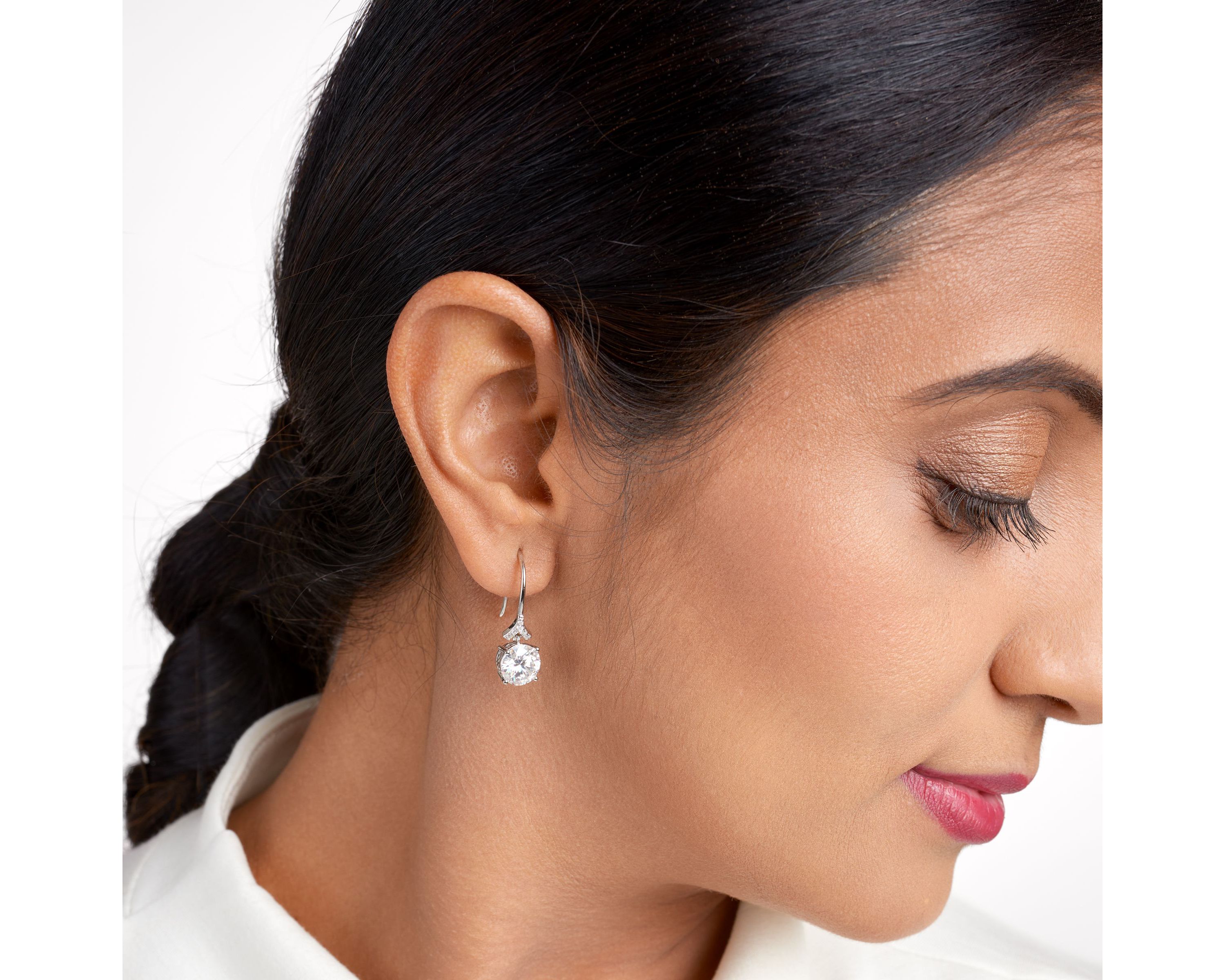 Rhodium Plated Sterling Silver Moissanite Fishhook Earrings