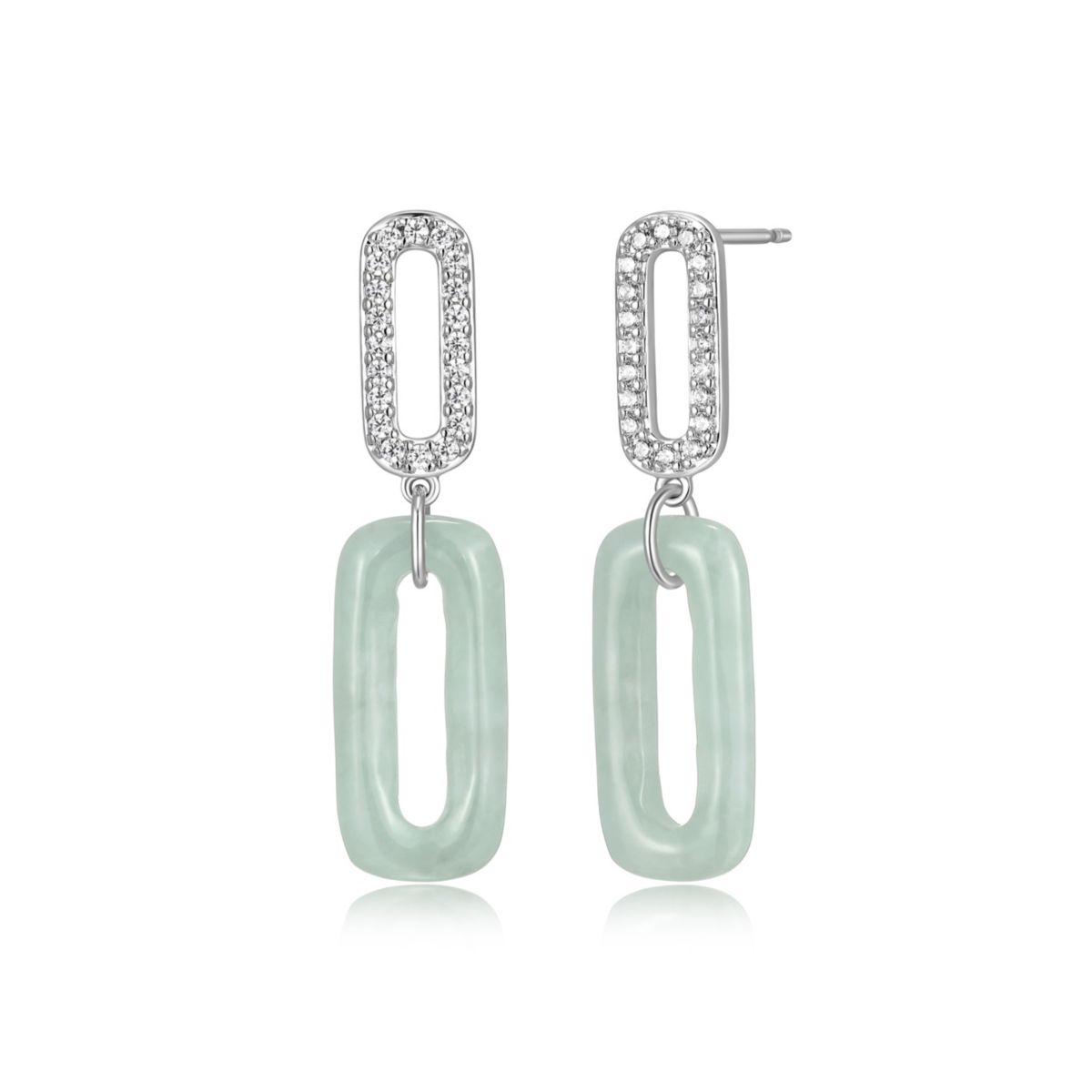 Cubic Zirconia And Carved Jade Paperclip Earrings In Rhodium Plated Sterling Silver